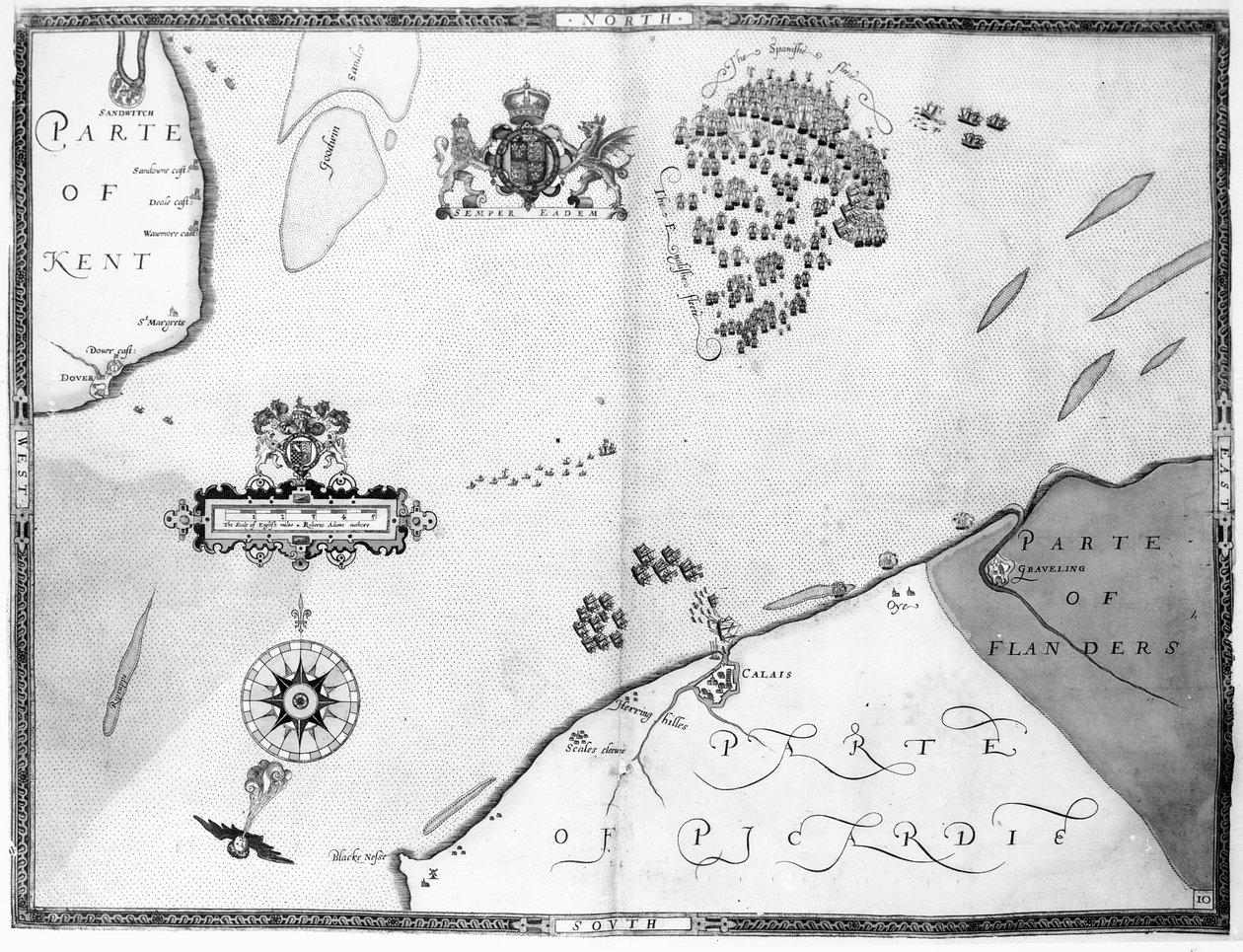 Kort nr. 10, der viser Armada-flådens rute, indgraveret af Augustine Ryther, 1588 af Robert Adams