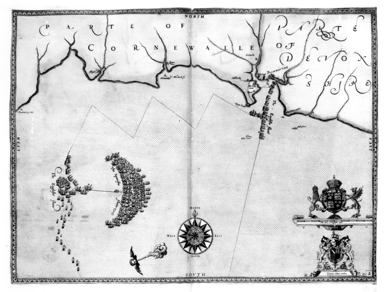 Kort nr. 2, der viser Armada-flådens rute, indgraveret af Augustine Ryther, 1588 af Robert Adams