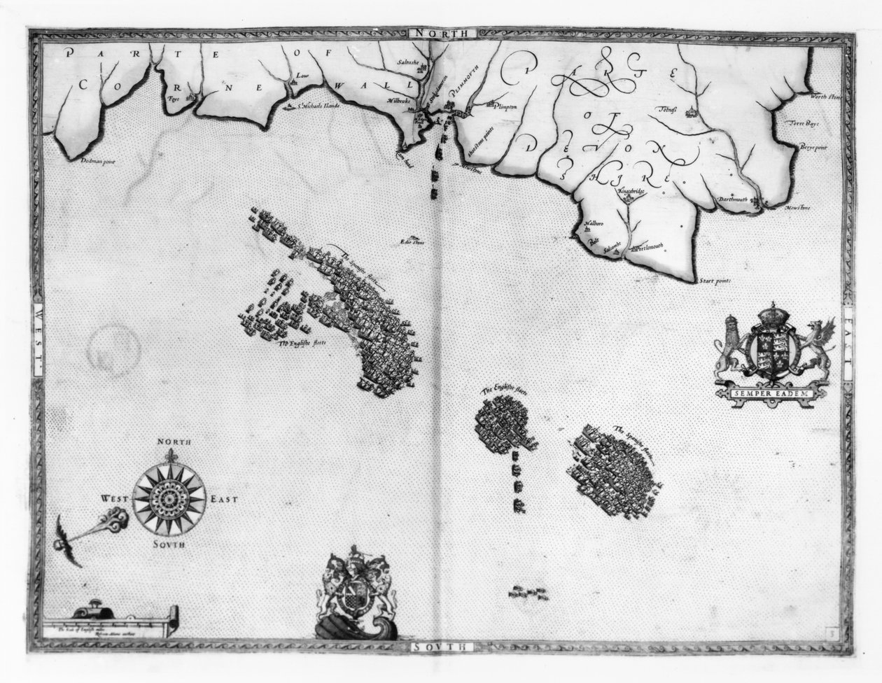 Kort nr. 3 viser ruten for Armada-flåden, indgraveret af Augustine Ryther, 1588 af Robert Adams