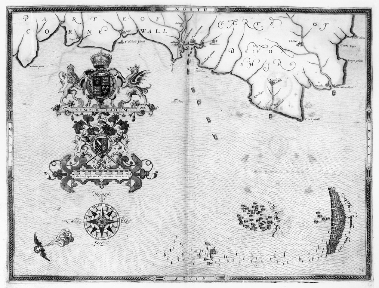 Kort nr. 4, der viser Armada-flådens rute, indgraveret af Augustine Ryther; 1588 af Robert Adams