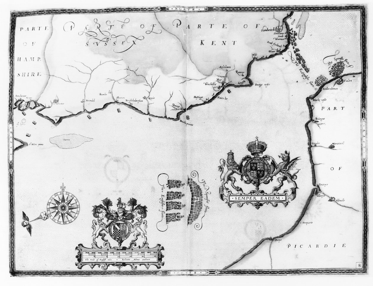 Kort nr.8, der viser Armada-flådens rute, graveret af Augustine Ryther, 1588 af Robert Adams