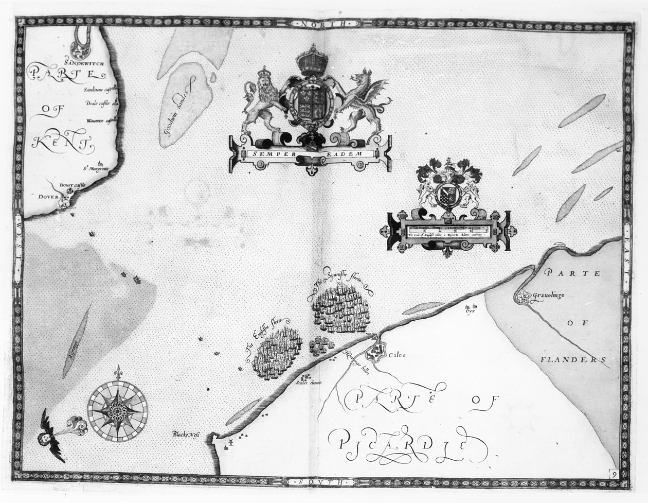 Kort nr. 9, der viser Armada-flådens rute, indgraveret af Augustine Ryther, 1588 af Robert Adams