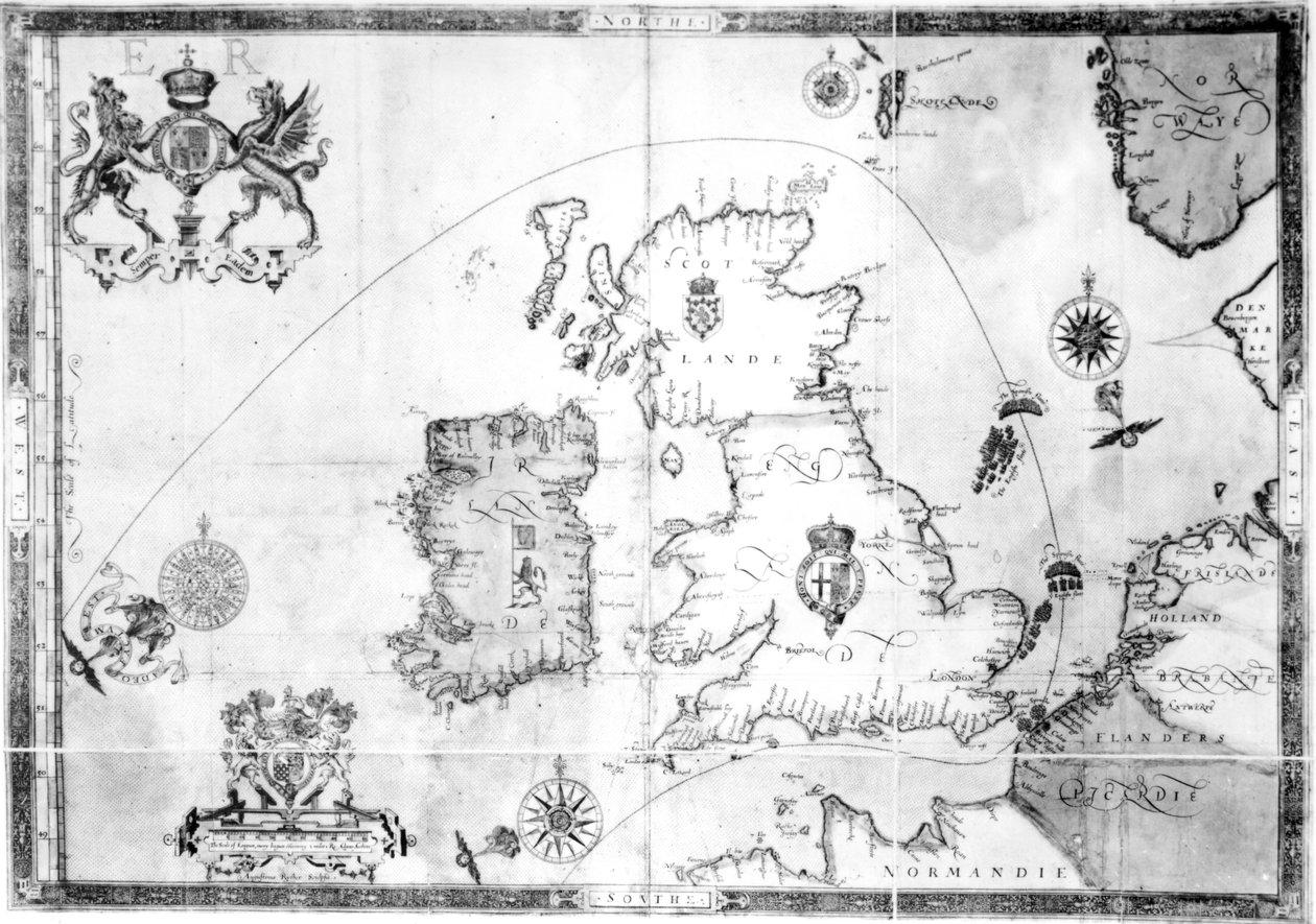 Kort, der viser Armada-flådens rute, indgraveret af Augustine Ryther, 1588 af Robert Adams