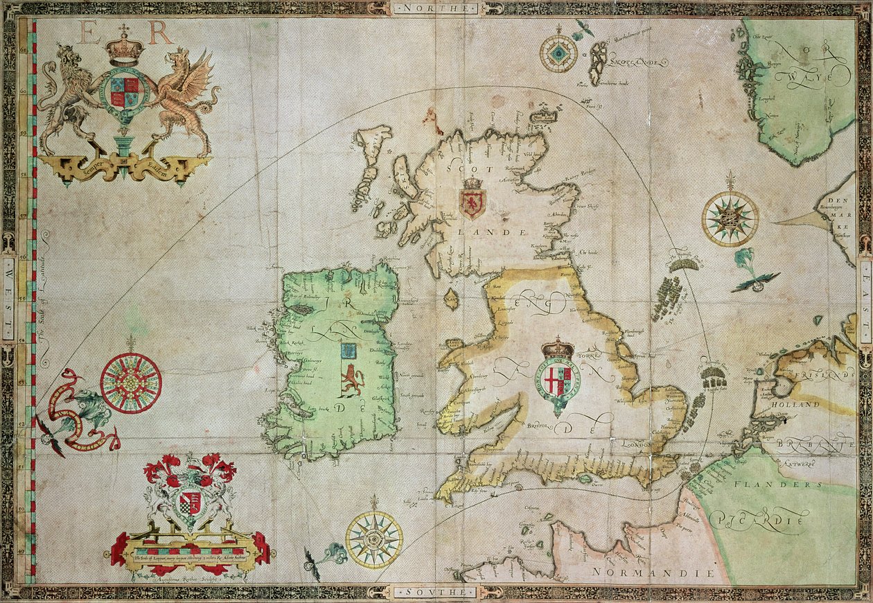 Kort, der viser Armada-flådens rute, indgraveret af Augustine Ryther, 1588 (se 133339 for bw) af Robert Adams