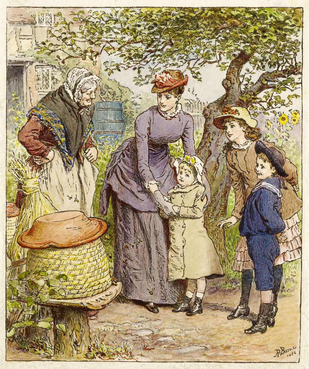 Mor og børn ved en bikube, pub. 1854 af Robert Barnes