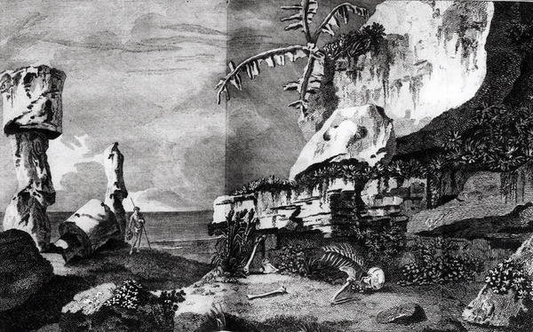 Monumenter på Påskeøen, fra Voyages of Captain Cook, 1774 af Robert Benard