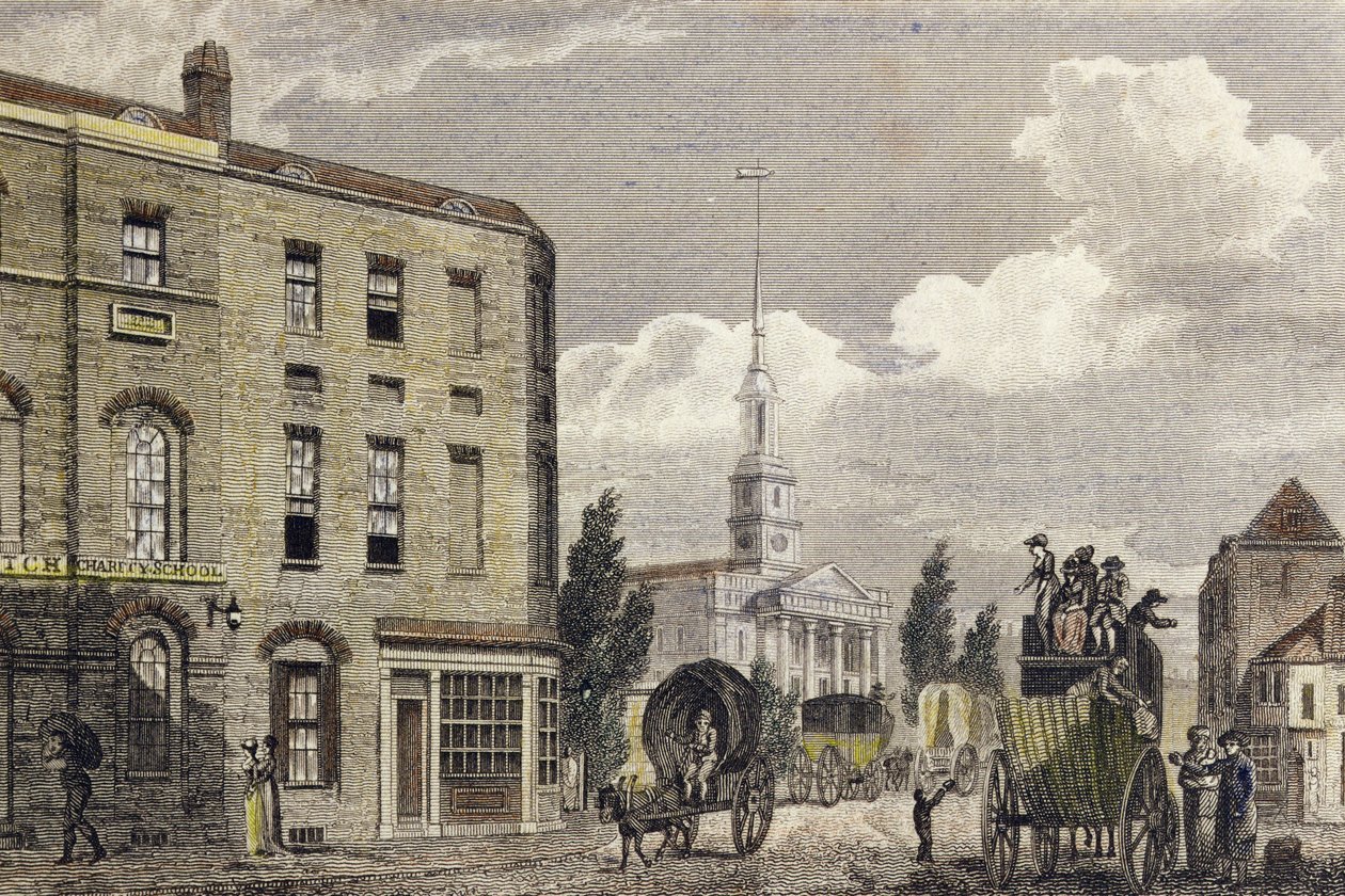 Indgangen til London ved Shoreditch Church, 1810 (farvestik) af Robert Blemell Schnebbelie