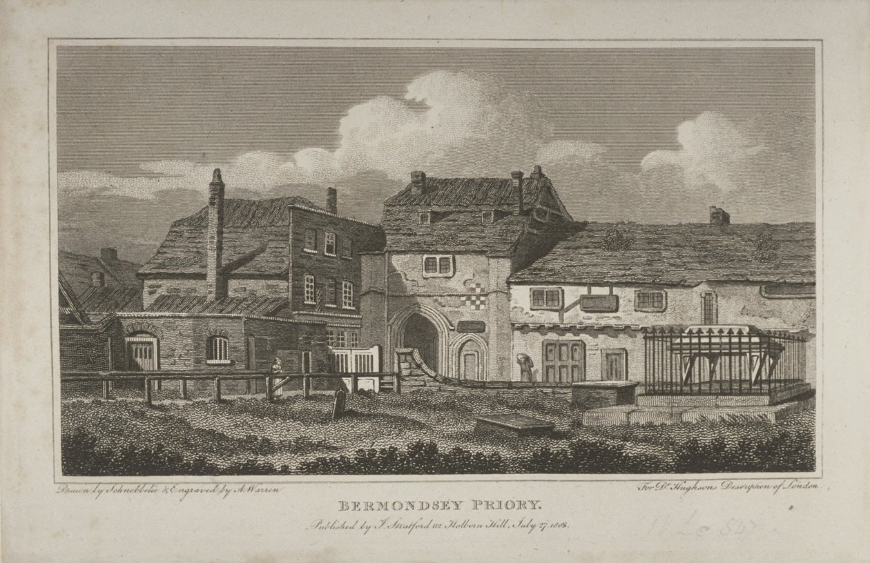 Udsigt over Abbey of St Saviour, Bermondsey, 1805 af Robert Blemell Schnebbelie