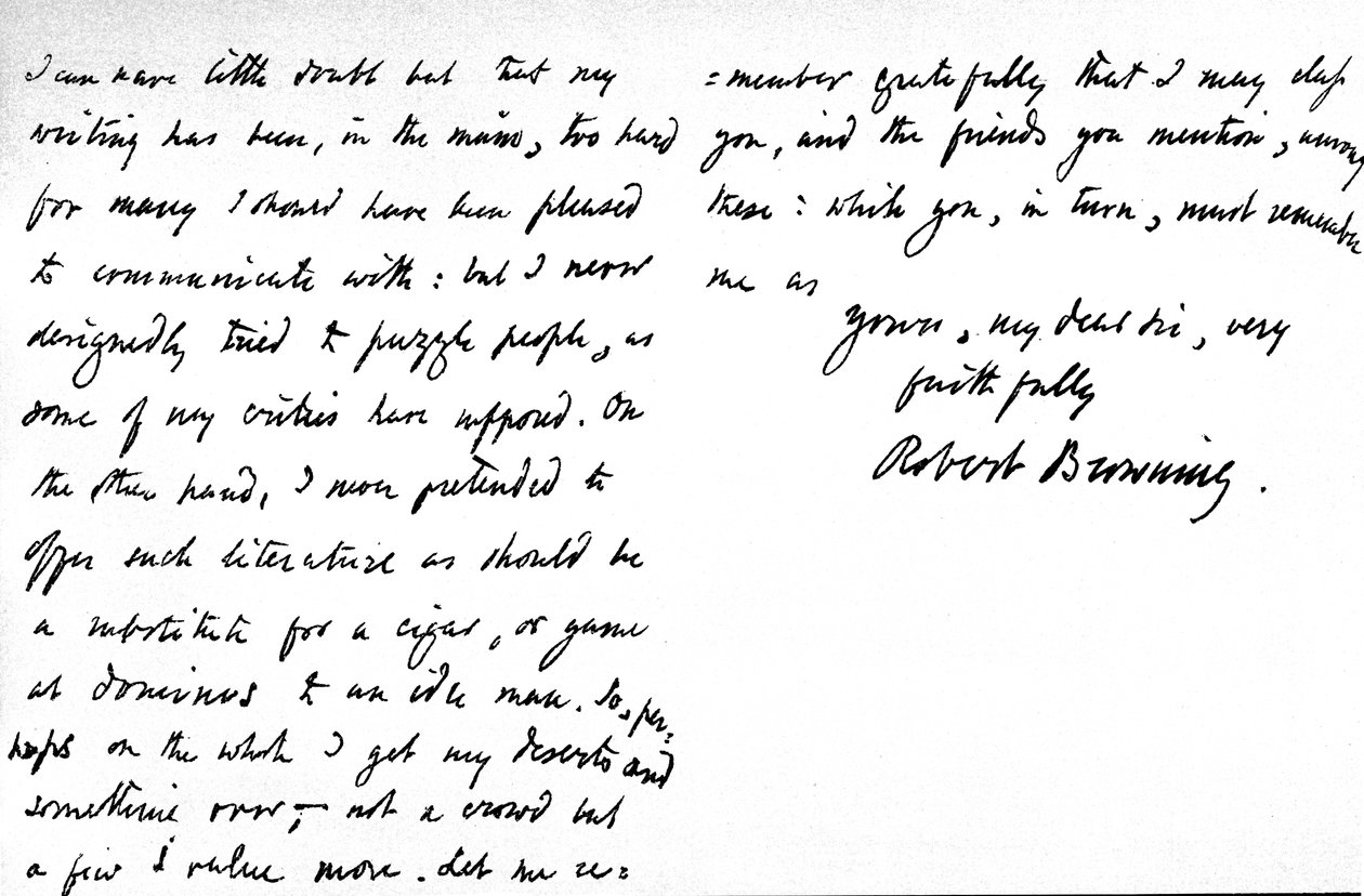 Brev til William G. Kingsland, angående den påståede uklarhed i hans poesi og forfatterskab, skrevet på 19, Warwick Crescent, Upper Westbourne Terrace, London, 27. november, 1868 af Robert Browning