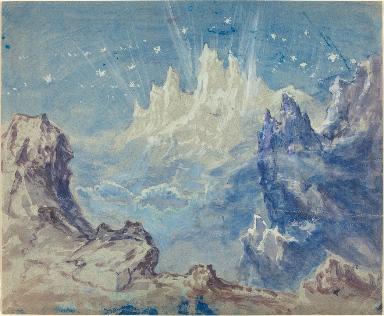 Fantastisk bjerglandskab med stjernehimmel (akvarel og gouache på gråblåt papir) af Robert Caney