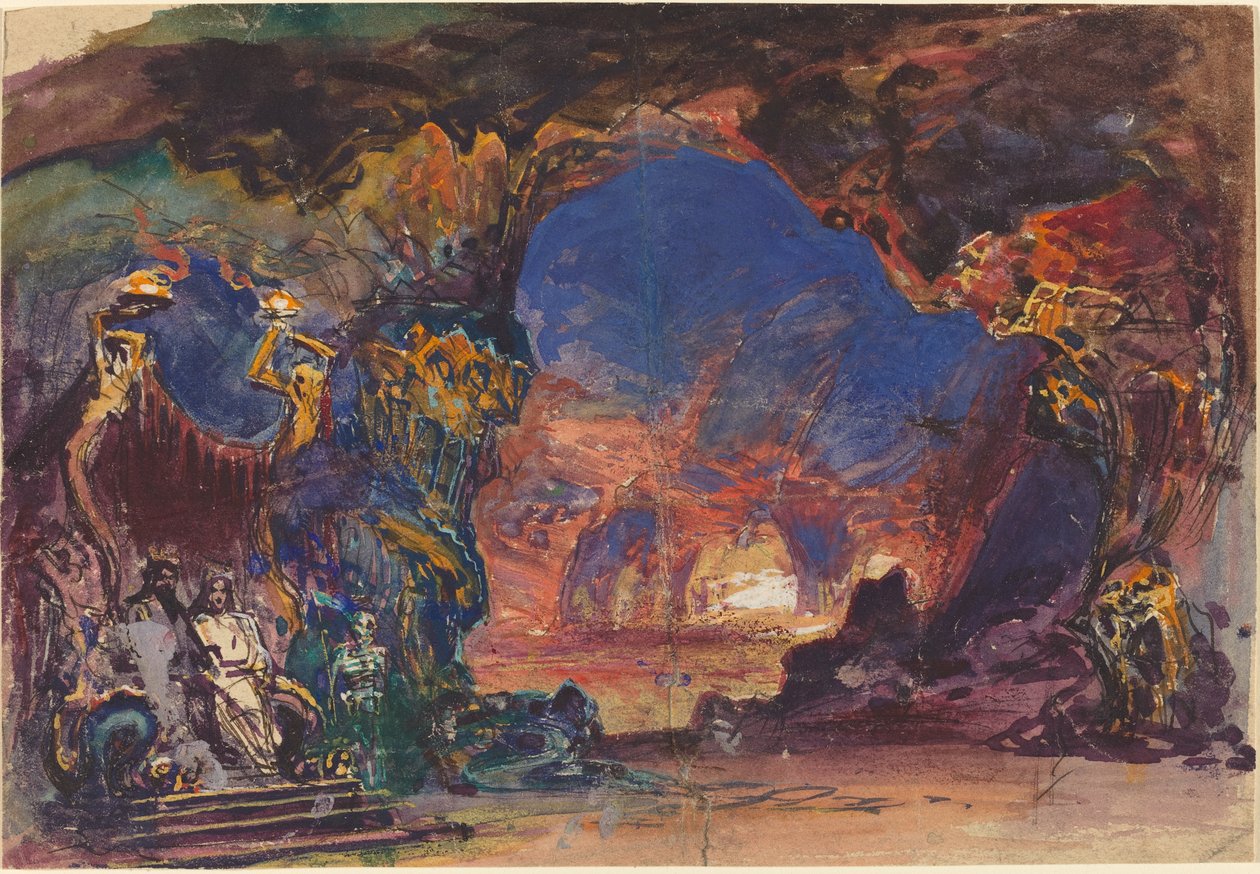 Underverdenscene med en mand og kvinde på tronen og dødsvagt (wc og gouache med pen og sort blæk på vævet papir) af Robert Caney