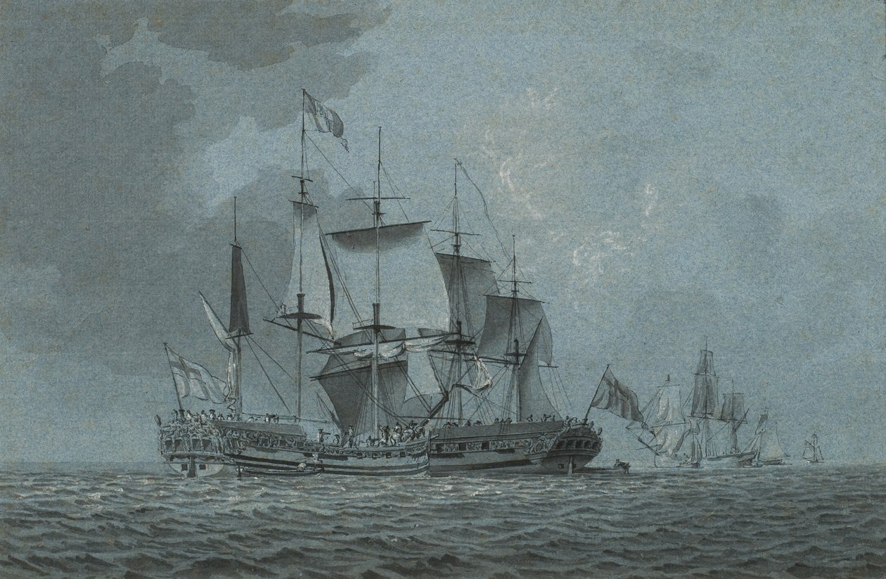 En admiralitets-yacht, der kommer sammen med en mand-o-krig, som er nødt til at afvente hendes ankomst, med andre fartøjer hinsides (pen og blæk forhøjet med hvidt kridt på papir) af Robert Cleveley