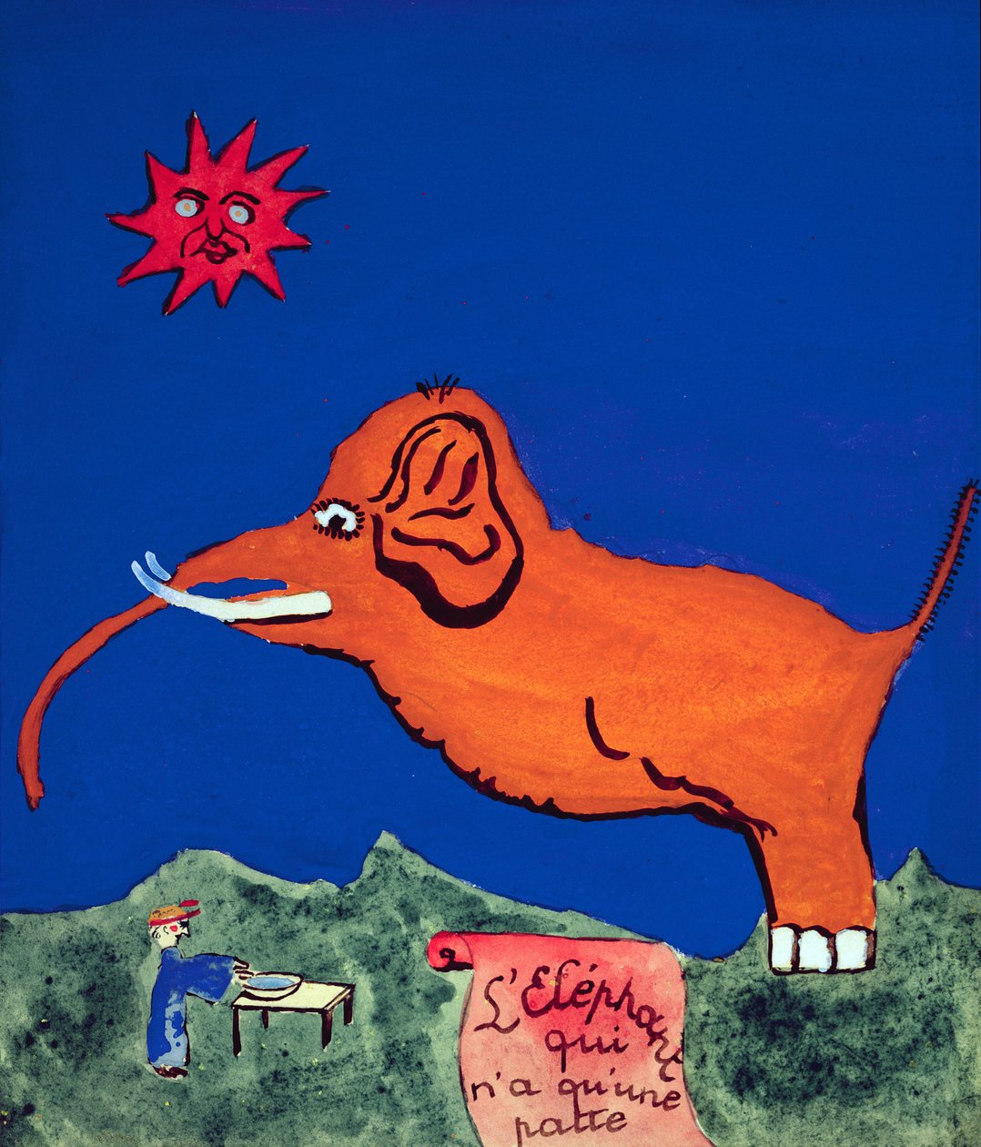 Elefanten med kun ét ben, illustration til den håndskrevne digtsamling "La Menagerie de Tristan" af Robert Desnos, 1932 af Robert Desnos