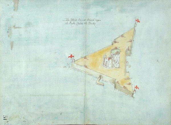 Castell Perrott Placed Upon the Rock Called the Stack, ca. 1597-1601 (wc, blyant og pen & blæk på papir bakket med linned) af Robert Devereux