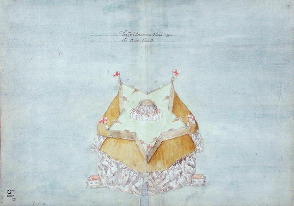 Fortet Devereux placeret på Fern Island, ca. 1597-1601 (wc, blyant og pen & blæk på papir bakket med linned) af Robert Devereux
