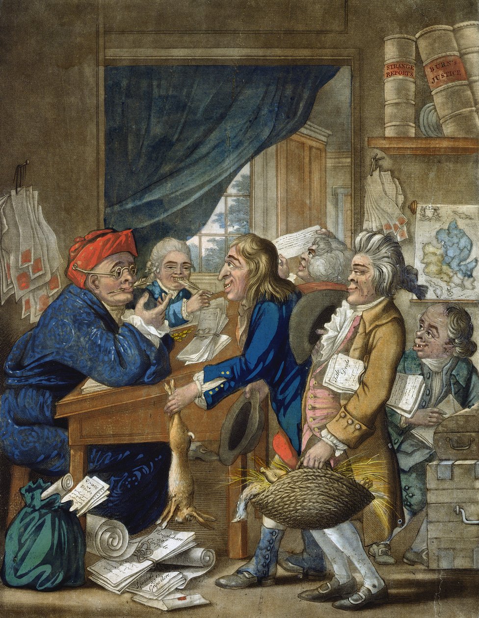 En landsadvokat og hans klienter, pub. af Bowles und Carver, 1800 (mezzotintgravering) af Robert Dighton