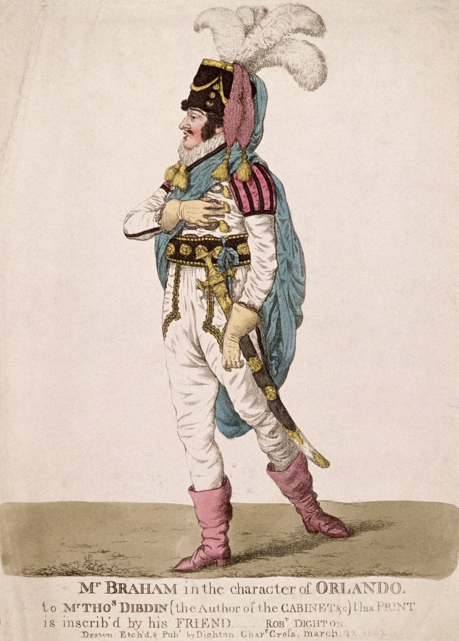 Mr. Braham i rollen som Orlando fra Shakespeares "As You Like It", pub. 1802 af Robert Dighton