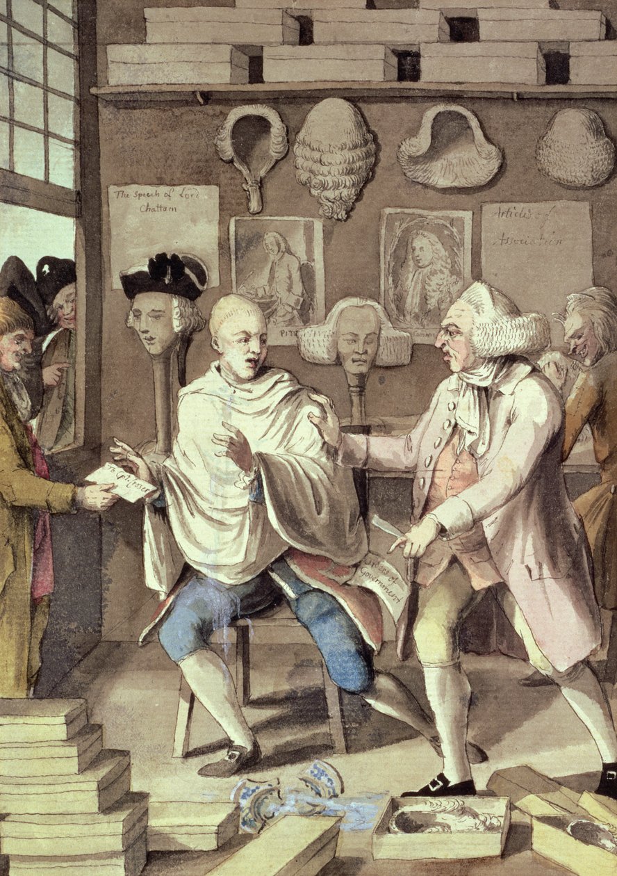 The Patriotick Barber of New York, eller Captain of the Suds, 1700-tallet (wc, pen og blæk på papir) af Robert Dighton