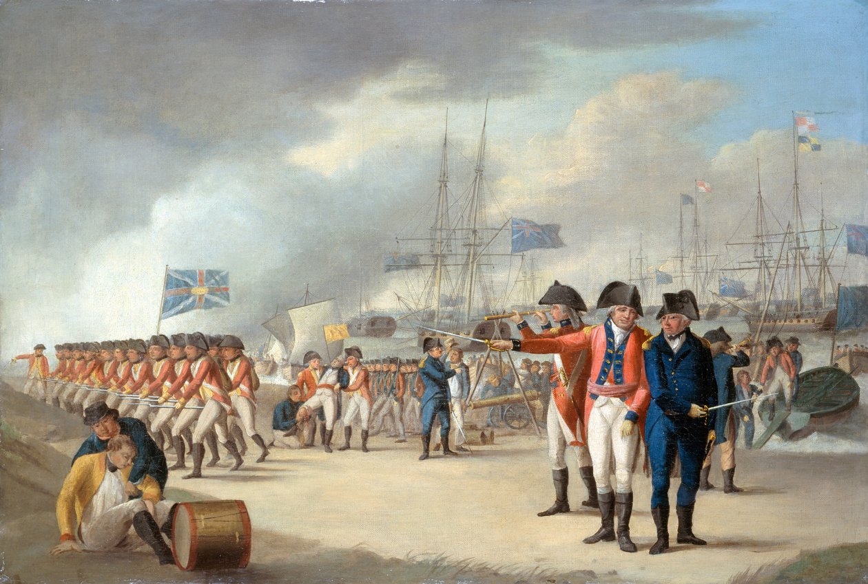 Landgang af britiske tropper under Sir Ralph Abercromby (1734-1801) på øen Texel, Holland, 27. august 1799, ca. 1799 af Robert Dodd
