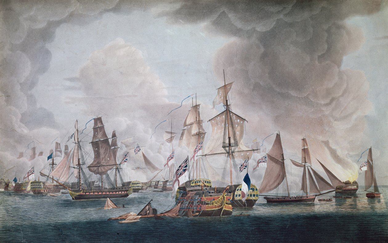 Nederlaget for de kombinerede styrker fra Frankrig og Spanien i slaget ved Trafalgar i 1805 (farvegravering) af Robert Dodd