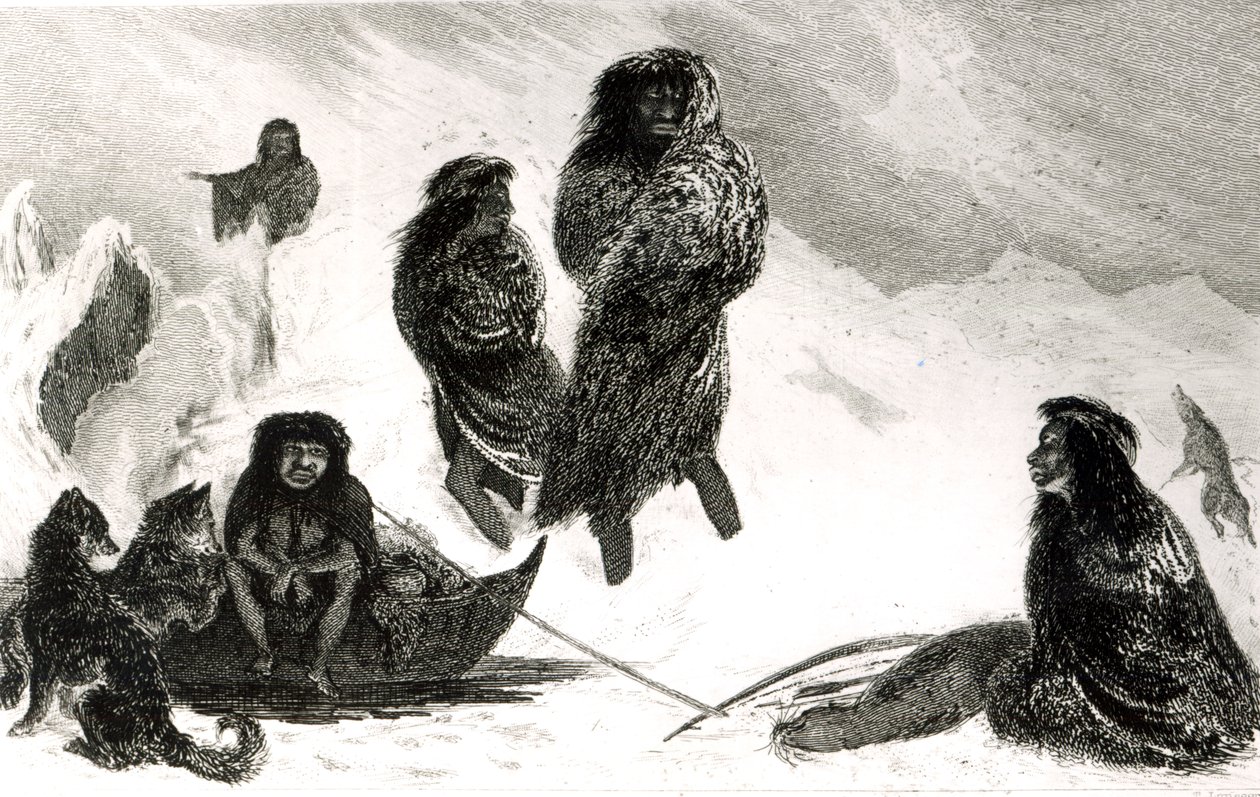 Fuegians vil handle i Zapallos med patagonierne, indgraveret af T.Lanseer 1838 af Robert Fitzroy