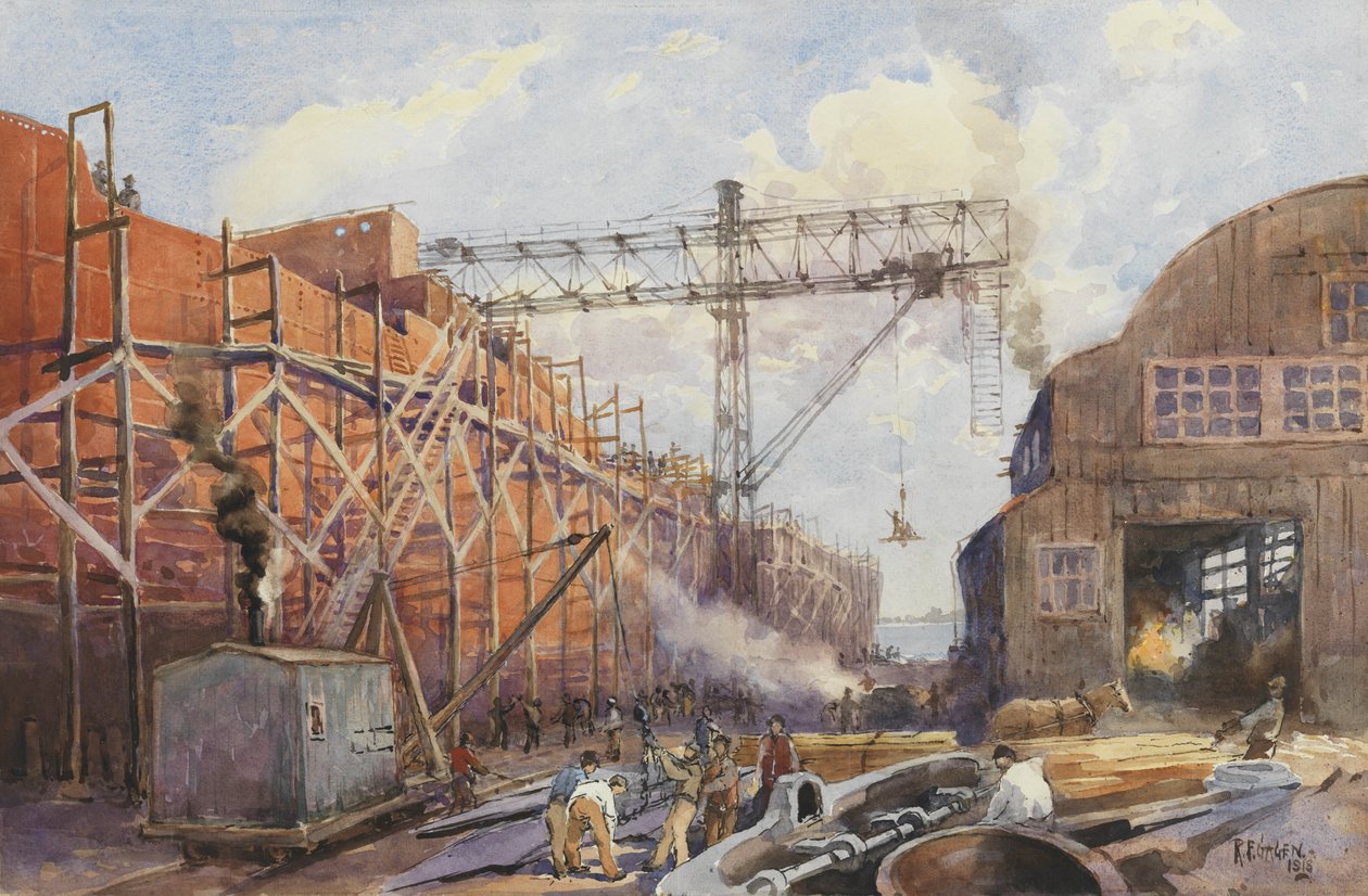 Polson Iron Work Yard, Ship War Hydra on Stocks, 1918 af Robert Ford Gagen