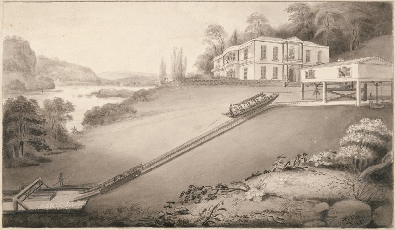Skråbåd båret til et øvre kanalniveau, 1797 af Robert Fulton