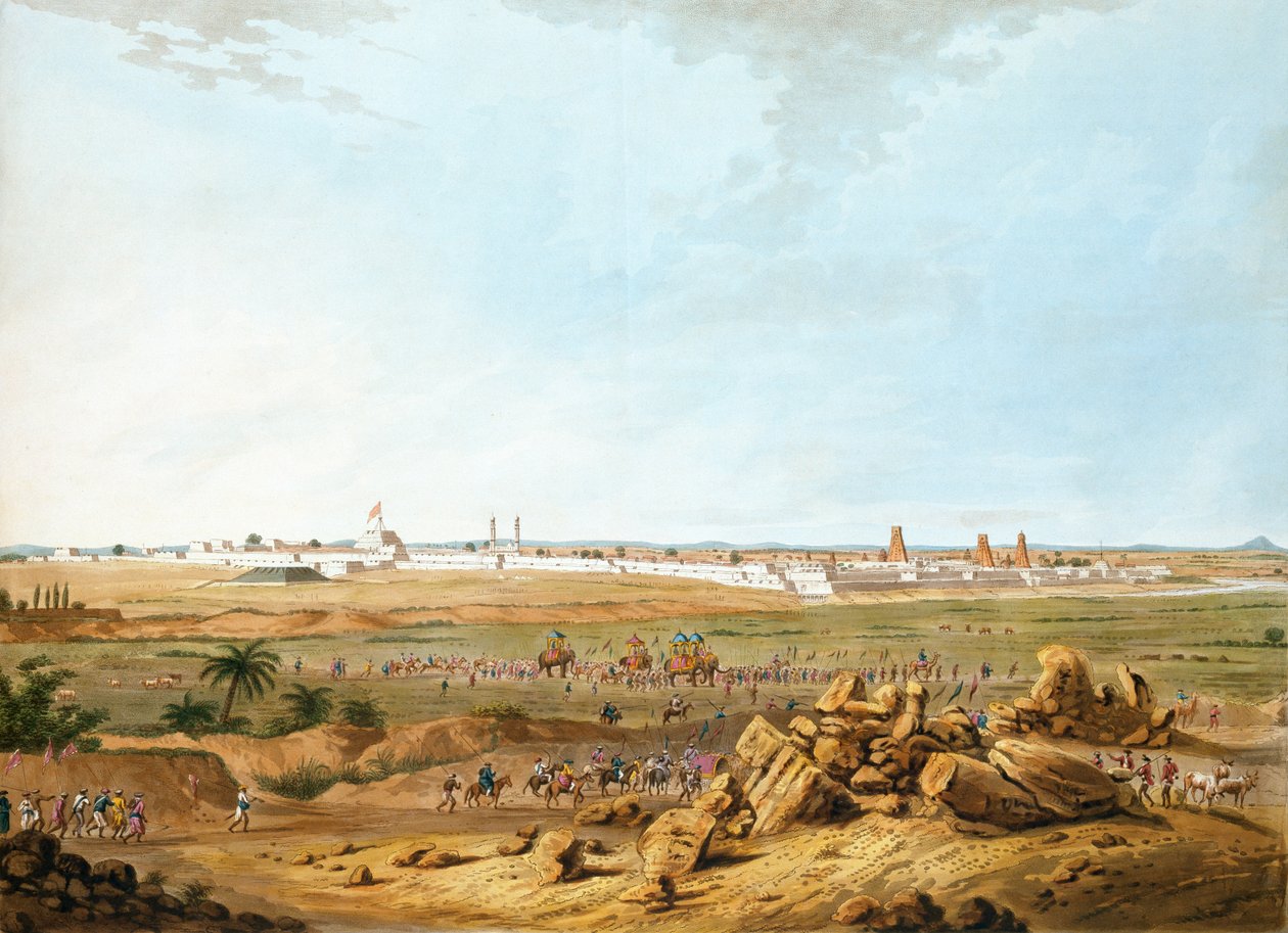 East View of Seringapatam den 15. maj 1791, illustration fra Twelve Views of Mysore, Tippoo Sultanens land indgraveret og farvelagt af J.W. Edy, udgivet 1804 (farvet akvatint) af Robert H. Colebrooke