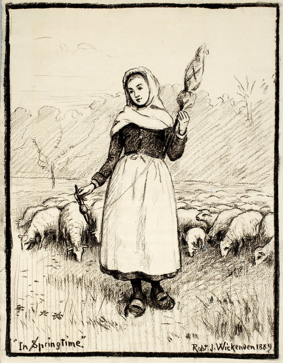 I Springtime, 1889 (kul & pen & blæk med hvide rettelser på cremefarvet papir) af Robert J. Wickenden