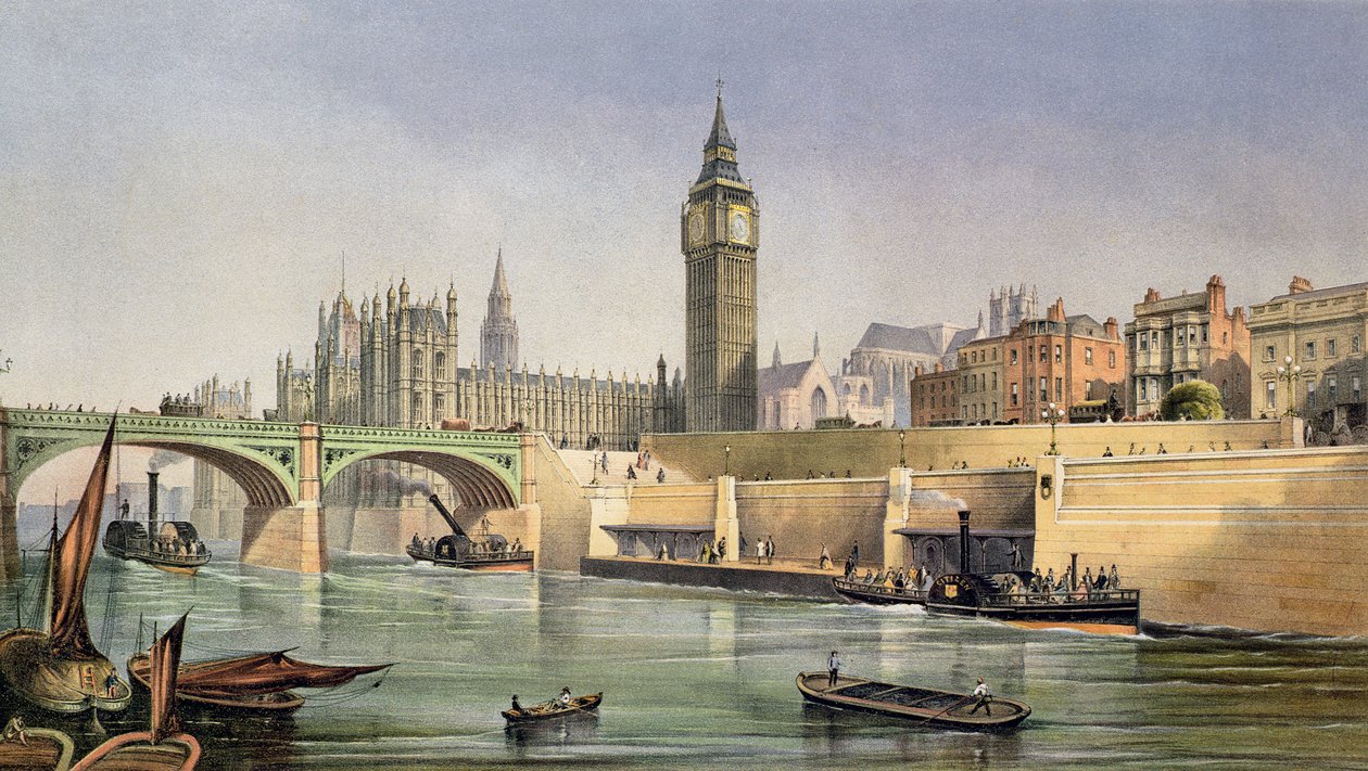 Thames Embankment viser Steam Boat Landing Pier ved Westminster Bridge, indgraveret af Day and Son, 1864 af Robert Kent Thomas
