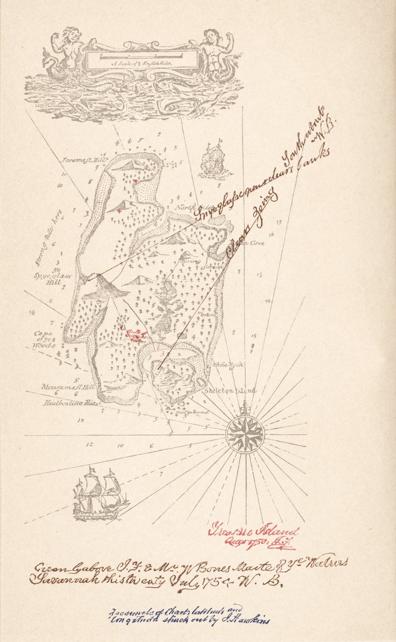 Kort over Treasure Island, fra Treasure Island af Robert Louis Stevenson, pub.1883 af Robert Louis Stevenson