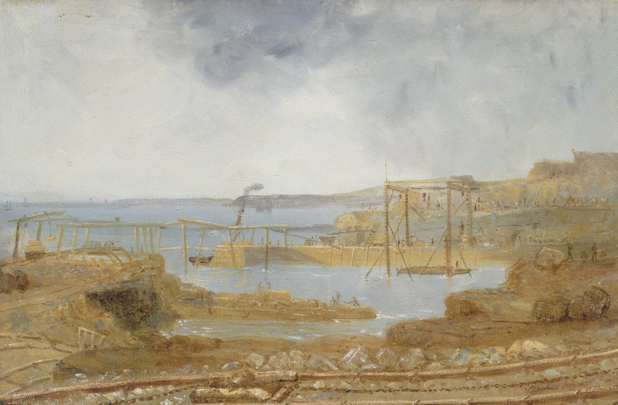 Skitse af indre havn, en midlertidig kran, maj 1829 af Robert Mackreth