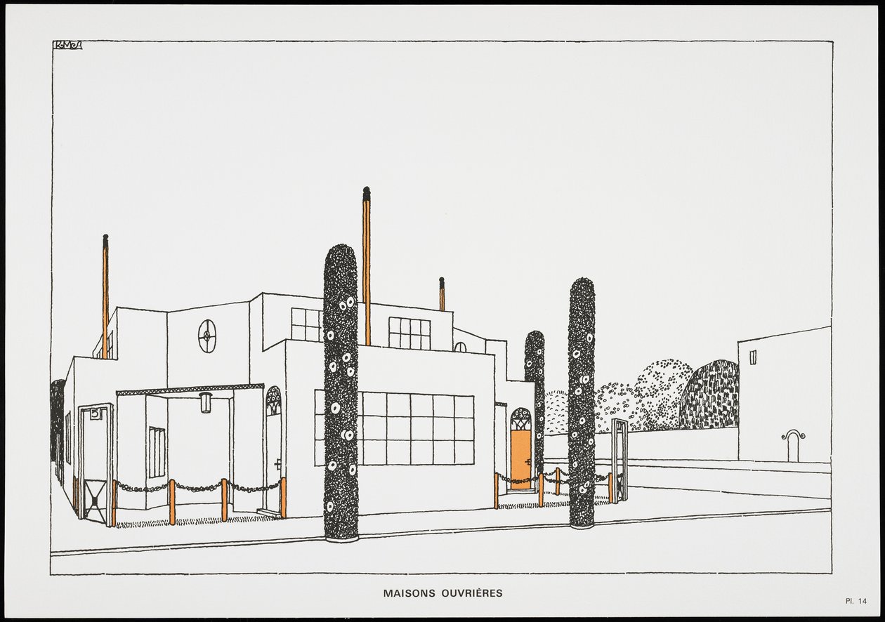 Arbejderhuse, fra Une Cite Moderne, Tegninger af Rob Mallet-Stevens Architecte, 1987 (udgivet) af Robert Mallet Stevens