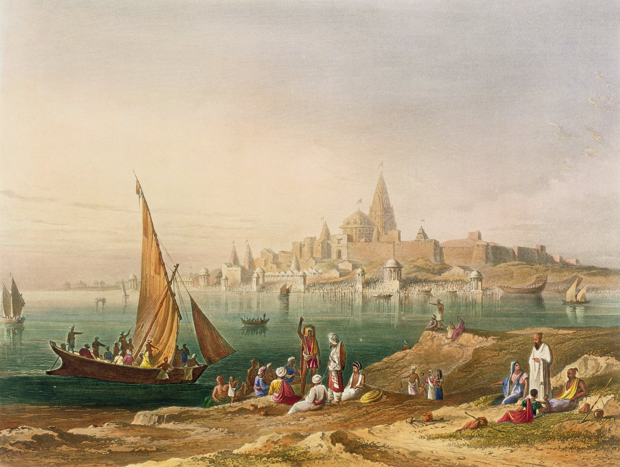 Den hellige by og templer i Dwarka, fra bind II af "Scenery, Costumes and Architecture of India", tegnet af William Purser (ca. 1790-1852) og graveret af R.G. Reeve (fl.1811-37), udgivet af Smith, Eld. af Robert Melville Grindlay