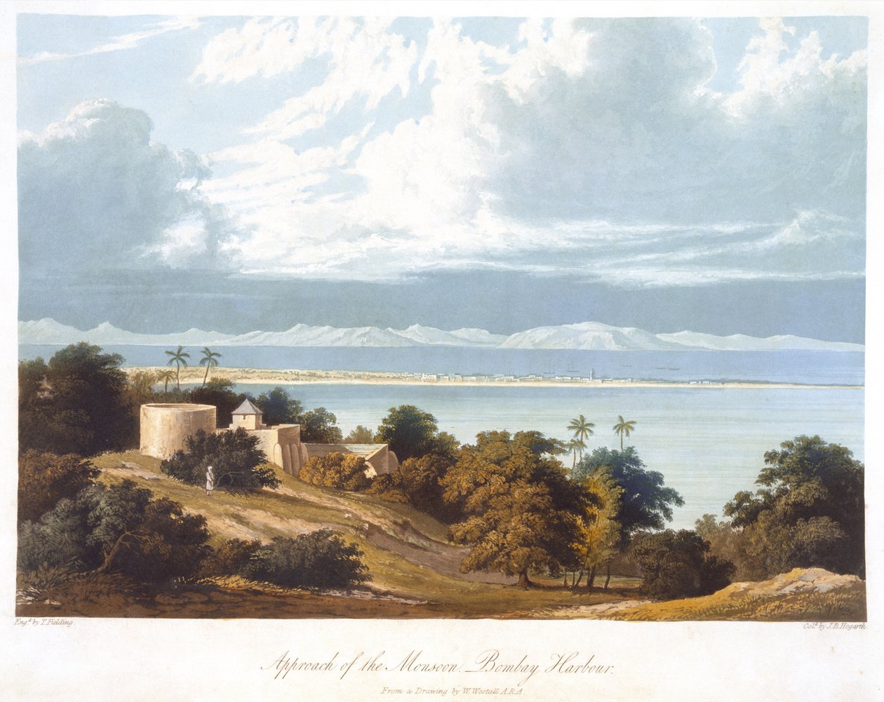 Approach of the Monsoon, Bombay Harbour, fra en tegning af William Westall (1781-1850) fra Scenery, Costumes and Architecture of India graveret af T. Fielding, farvelagt af J.B. Hogarth, udgivet 182 af Robert Melville after Grindlay