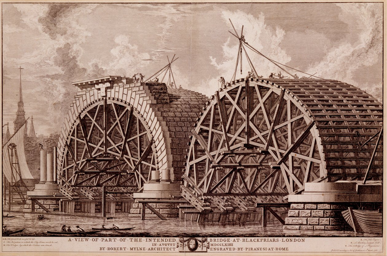 En udsigt over en del af den påtænkte bro ved Blackfriars London, tryk lavet af Piranesi, 1764 af Robert Milne