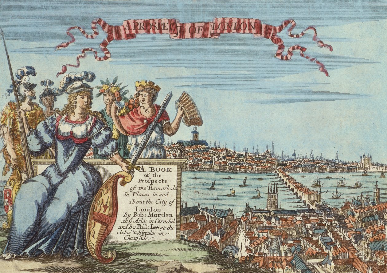 A Prospect of London, Frontispice fra A Book of the Prospects of the Remarkable Places in and About the City of London, ca. 1700 af Robert Morden