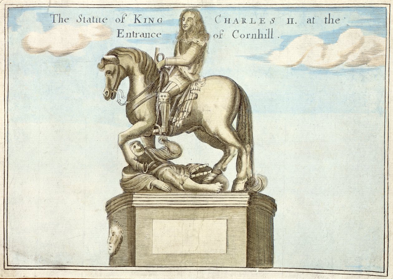 Statue af kong Charles II (1630-85) ved indgangen til Cornhill, fra A Book of the Prospects of the Remarkable Places in and About the City of London, ca. 1700 af Robert Morden