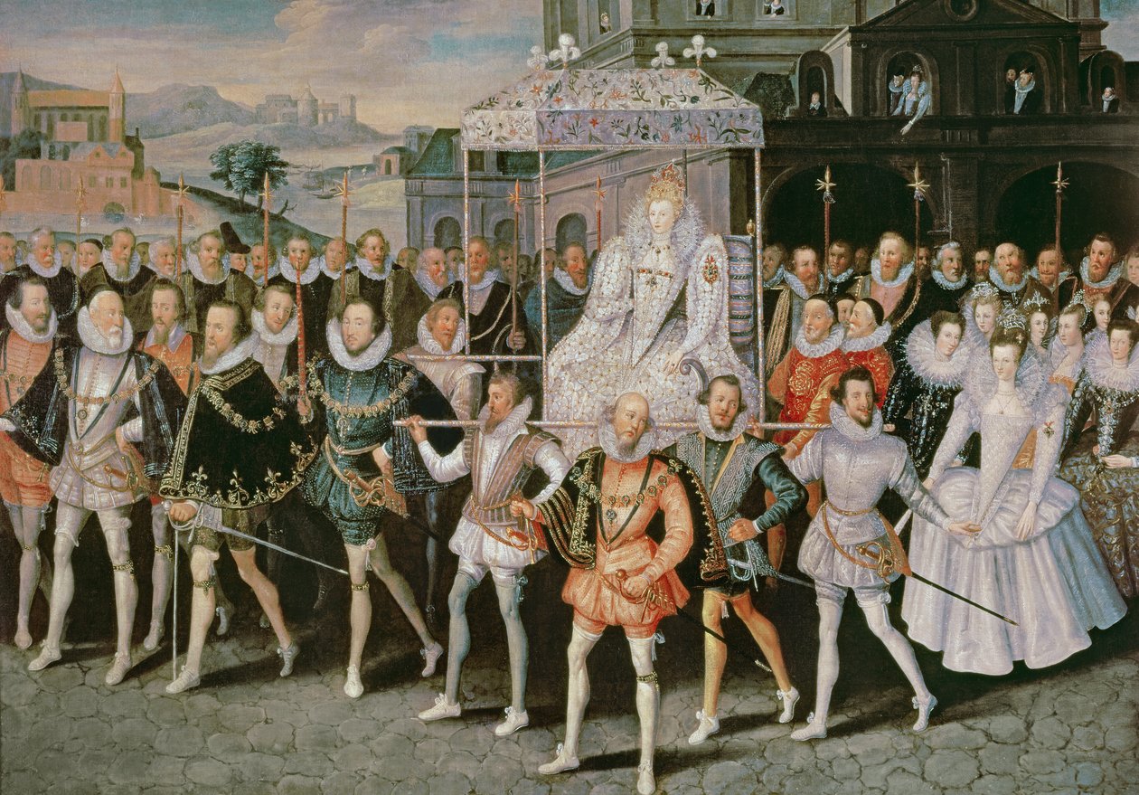Dronning Elizabeth I (1533-1603) båret i procession (Eliza Triumphans) c.1601 af Robert Peake