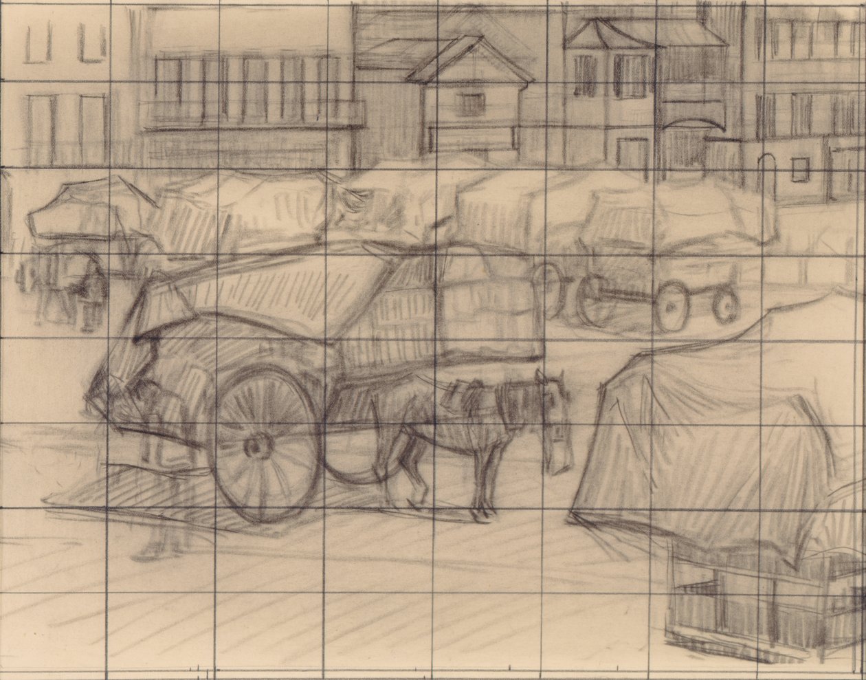 Hay Carts, Cumberland Market, ca. 1915 (farveblyant på papir) af Robert Polhill Bevan