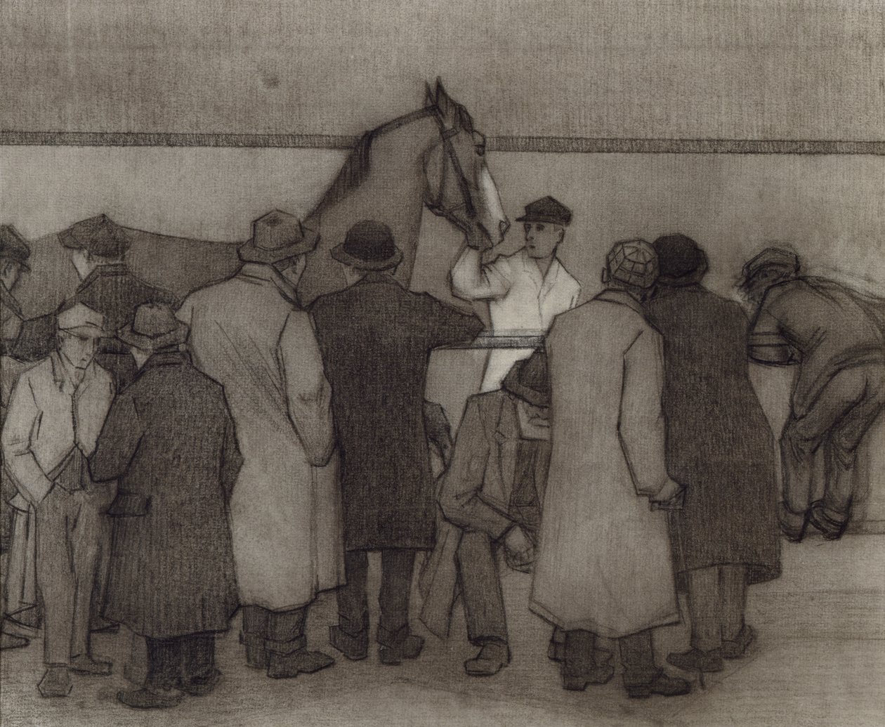 Udsalg på Wards Repository, nr. 2, ca. 1918 (farveblyant og trækul på papir) af Robert Polhill Bevan