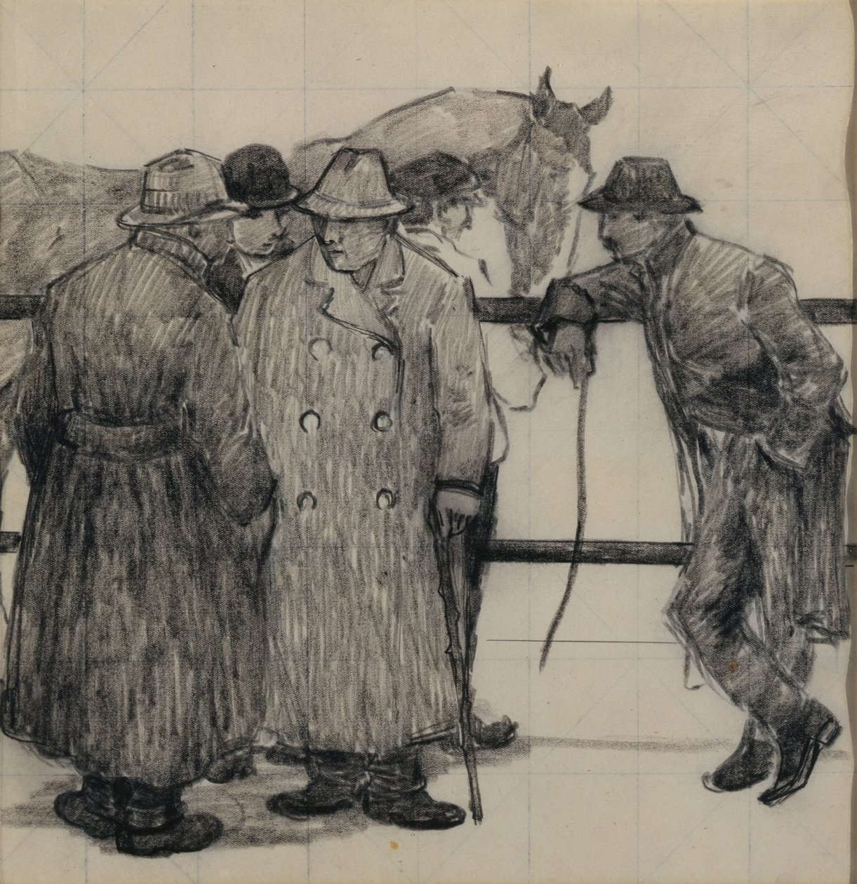 Studie for hestehandlerne, ca. 1917 (blyant på firkantet papir) af Robert Polhill Bevan