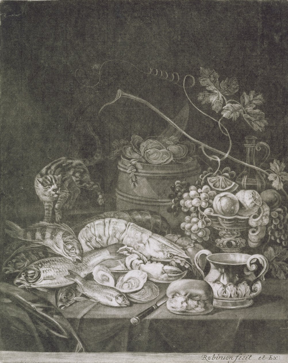 Banketstykke med hummere, fisk og kat (mezzotint med brændearbejde) af Robert Robinson