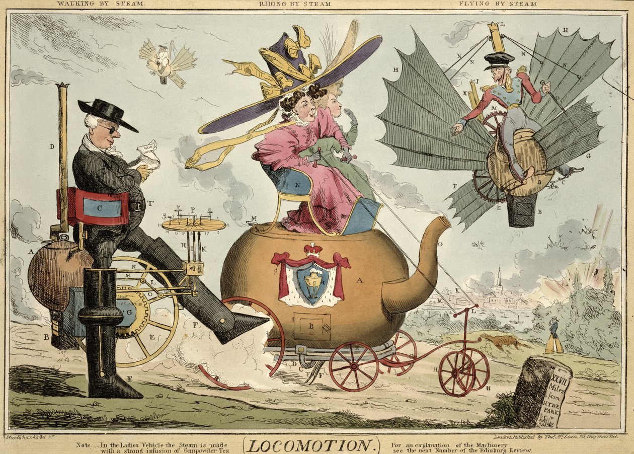 Locomotion - Walking by Steam, Riding by Steam, Flying by Steam, udgivet af Thomas McLean, London (farvet radering) af Robert Seymour