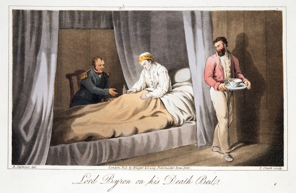 Lord Byron on his Death Bed, fra The Last Days of Lord Byron af William Parry, pub. 1825 (håndfarvet gravering) af Robert Seymour