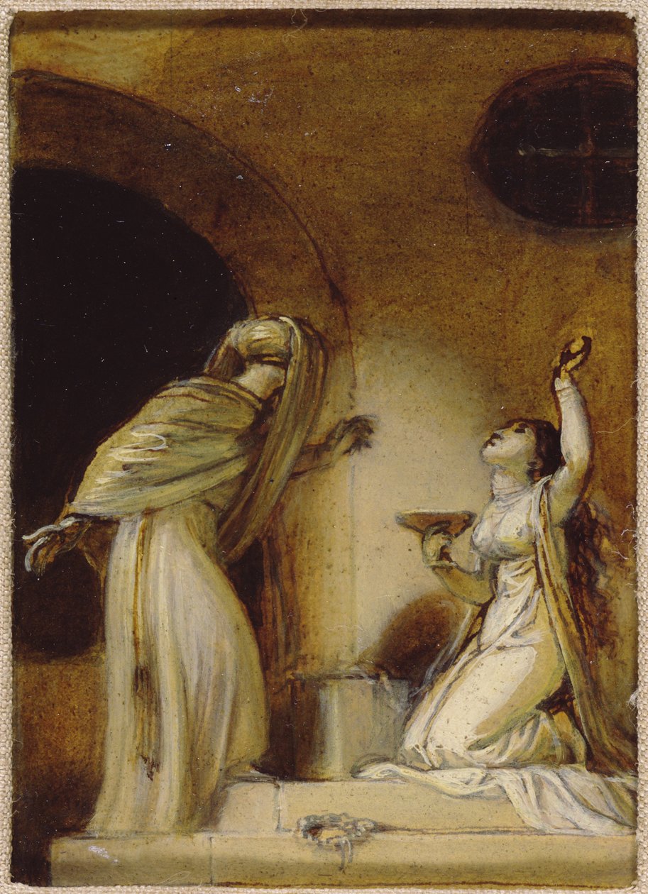Knælende kvindefigur med en kop, illustration til en østlig romantik, muligvis 