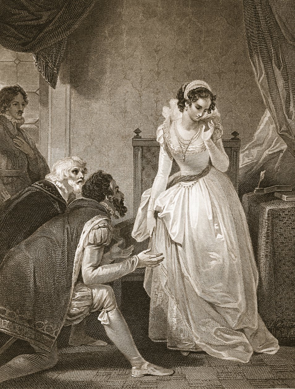 Lady Jane Grey med kronen på vej ned, graveret af W. Bromley, illustration fra David Humes "The History of England", udgivet af R. Bowyer, London, 1812. af Robert Smirke