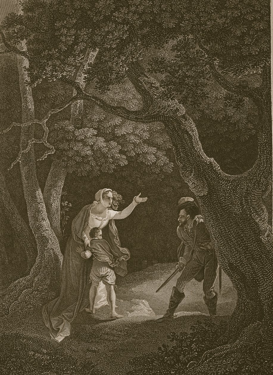 Dronning Margaret angrebet af røveren, indgraveret af J. Landseer, illustration fra David Humes 