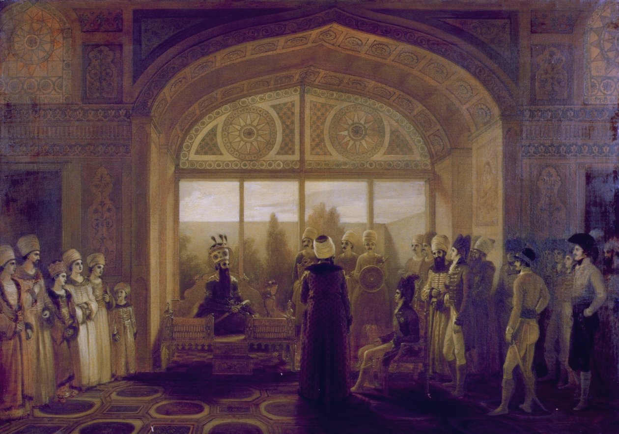 Shah Fath Ali, shah af Persien (1797-1835) Modtager Sir Harford Jones i publikum af Robert Smirke