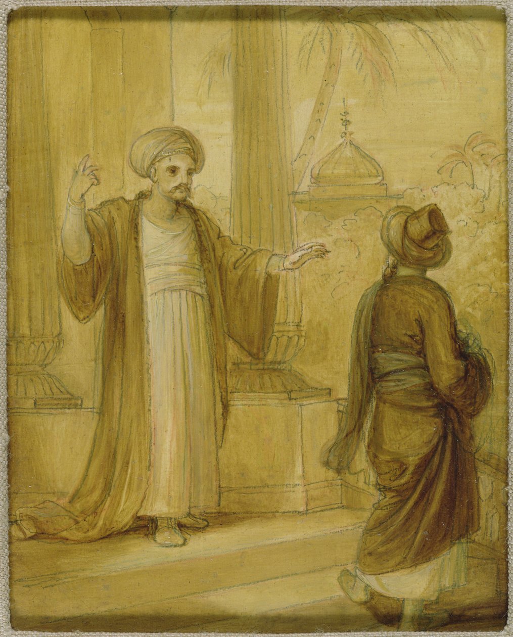 To mandsfigurer stående, illustration fra en østromantik, muligvis 